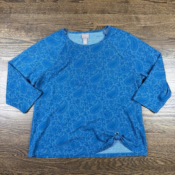 Chicos Shirt Womens 2 | Large Blue Paisley 3/4 Sleeve Top D-Ring Detail Stretch - Picture 1 of 8